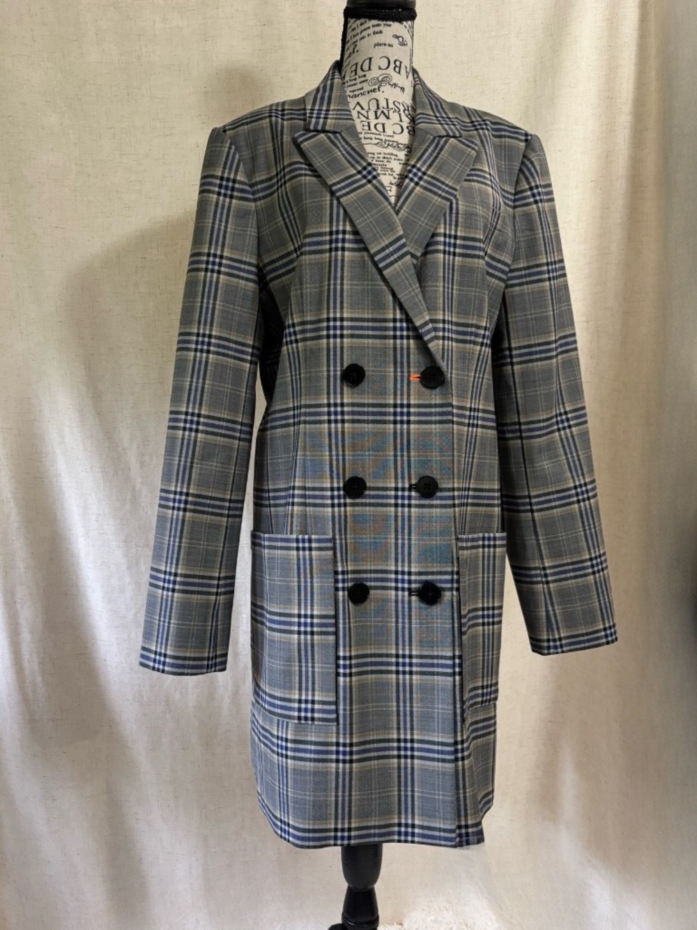 Tibi Double-Breasted Plaid Coat Dress in Gray and Blue
